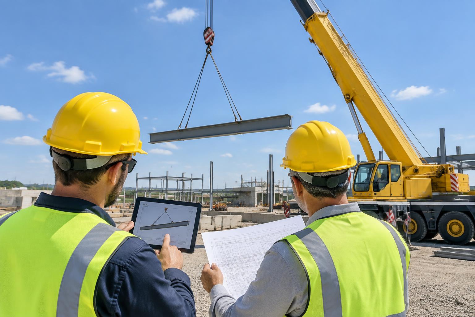 Técnicos revisando el plan de izado en una tablet y en plano, con una grúa móvil izando una viga de acero en obra a pleno día